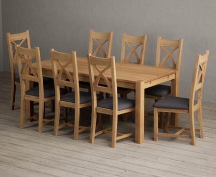 Thetford 180cm solid oak dining table with 8 charcoal grey natural solid oak chairs