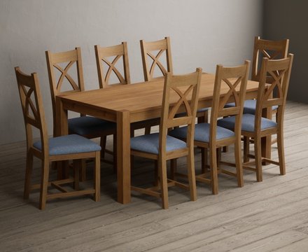 Thetford 180cm solid oak dining table with 10 blue natural solid oak chairs