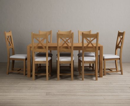 Thetford 180cm solid oak dining table with 8 light grey natural solid oak chairs