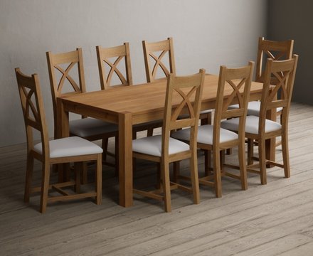 Thetford 180cm solid oak dining table with 10 light grey natural solid oak chairs