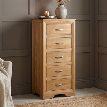 Tilt 100 solid oak 5 drawer tallboy