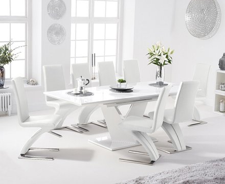 Extending vittorio 160cm white high gloss dining table with 8 white aldo chairs