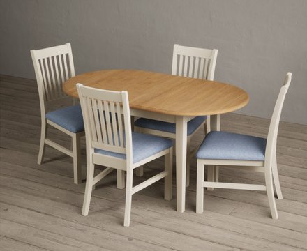 Extending warwick oak and cream painted dining table with 4 light grey warwick chairs