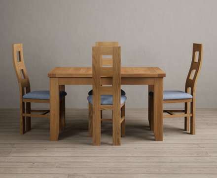 Extending yateley 130cm solid oak dining table with 4 blue natural chairs