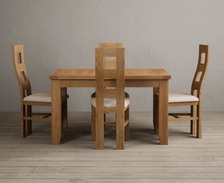 Extending yateley 130cm solid oak dining table with 4 linen natural chairs