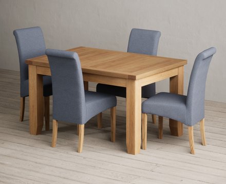 Extending yateley 130cm solid oak dining table with 4 blue scroll back chairs