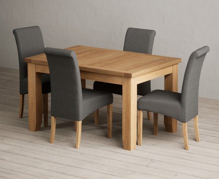 Extending yateley 130cm solid oak dining table with 4 charcoal grey scroll back chairs