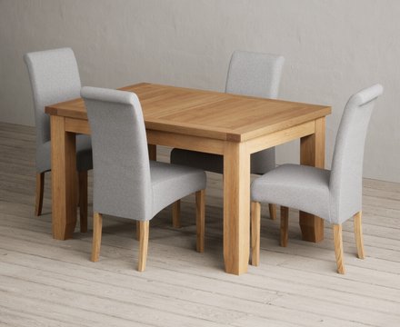 Extending yateley 130cm solid oak dining table with 6 grey scroll back chairs