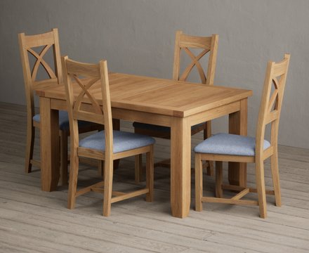 Extending yateley 130cm solid oak dining table with 4 blue natural solid oak chairs