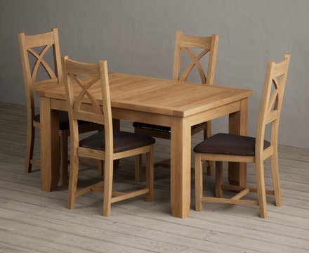 Extending yateley 130cm solid oak dining table with 4 brown natural solid oak chairs