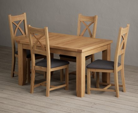 Extending yateley 130cm solid oak dining table with 4 charcoal grey natural solid oak chairs