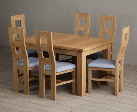 Extending yateley 130cm solid oak dining table with 6 blue natural chairs