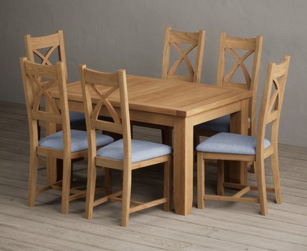 Extending yateley 130cm solid oak dining table with 6 blue natural solid oak chairs