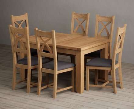 Extending yateley 130cm solid oak dining table with 6 charcoal grey natural solid oak chairs