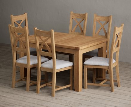 Extending yateley 130cm solid oak dining table with 6 light grey natural solid oak chairs