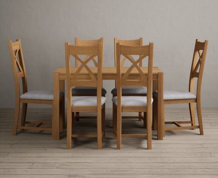 York 120cm solid oak dining table with 6 light grey natural solid oak chairs