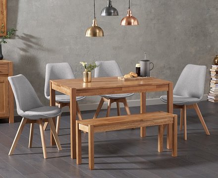 York 150cm solid oak dining table with 4 light grey orson chairs and 1 oak bench