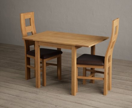 Extending york 70cm solid oak dining table with 2 brown natural chairs