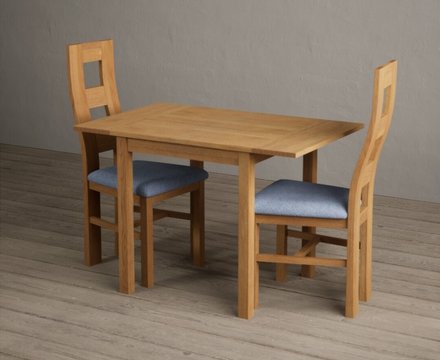 Extending york 70cm solid oak dining table with 4 blue natural chairs