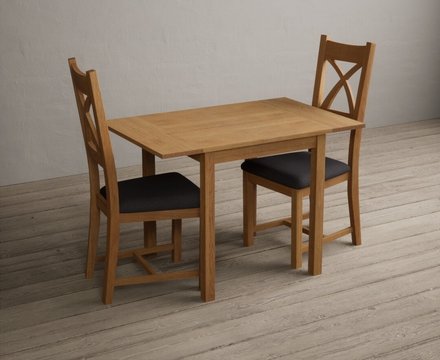 Extending york 70cm solid oak dining table with 2 charcoal grey natural solid oak chairs