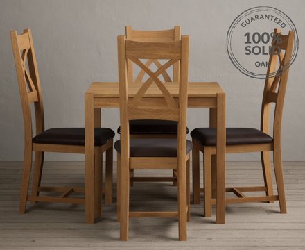 York 80cm solid oak dining table with 4 brown natural solid oak chairs
