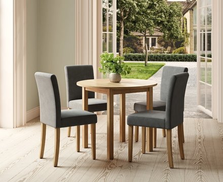Extending york 90cm solid oak drop leaf dining table with 4 grey lila chairs