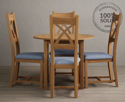 Extending york 90cm solid oak dining table with 4 blue natural solid oak chairs