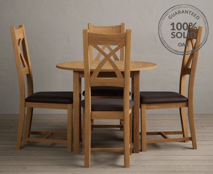 Extending york 90cm solid oak dining table with 4 brown natural solid oak chairs