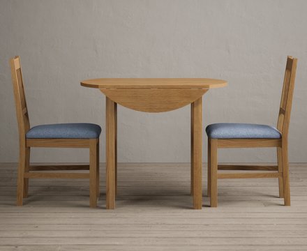 Extending york 90cm solid oak dining table with 2 blue york chairs