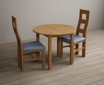 Extending york 90cm solid oak dining table with 2 blue natural chairs