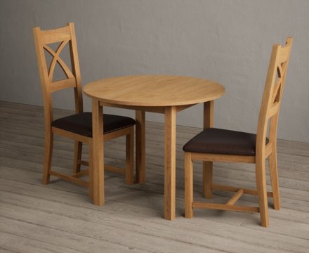 Extending york 90cm solid oak dining table with 2 brown natural solid oak chairs