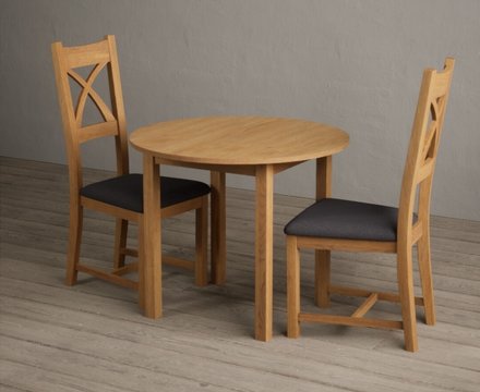 Extending york 90cm solid oak dining table with 2 charcoal grey natural solid oak chairs