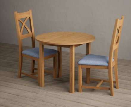 Extending york 90cm solid oak dining table with 2 blue natural solid oak chairs
