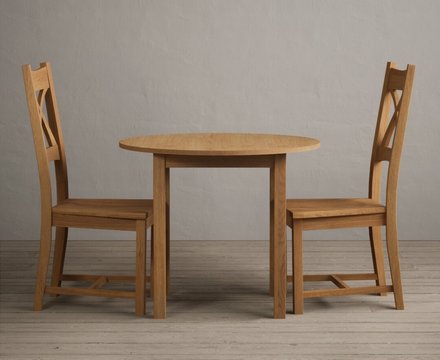 Extending york 90cm solid oak dining table with 2 oak natural chairs