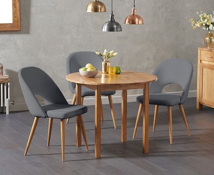 Extending york 90cm solid oak drop leaf dining table with 4 grey hudson chairs