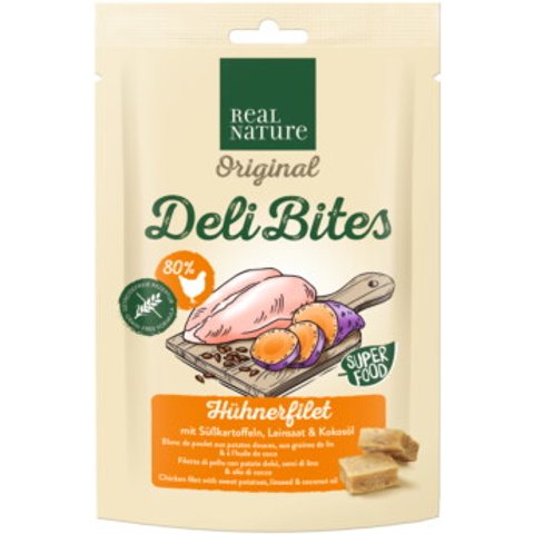 REAL NATURE Deli Bites 150 g Filet de poulet aux patates douces, aux graines de lin et à l’huile de coco