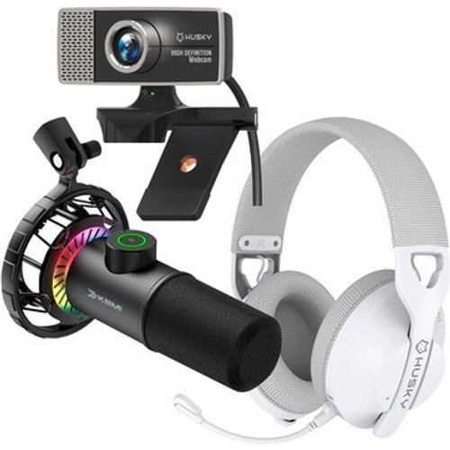 Kit Streamer Microfone Gamer Cardióide KBM! GAMING + Headset Gamer Husky Matilha, P3 3.5mm, Driver 40mm , Branco + Webcam Husky Focus HD 720p, 30fps