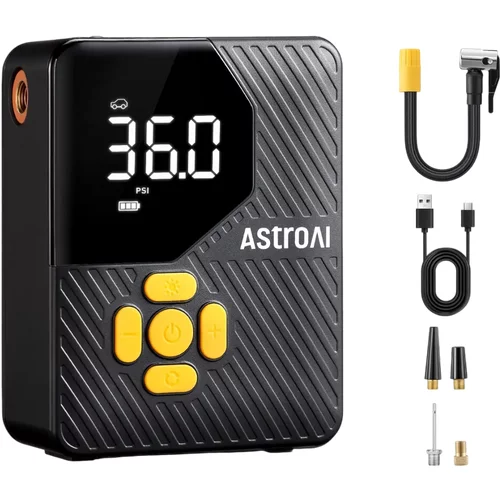 AstroAI L7 Mini Tire Inflator Portable Air Compressor Yellow,150 PSI Cordless Car Tires Air Pump with LED Lights&Pressure Gauge,Auto Shut-Off - Tire Pump