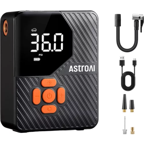 AstroAI L7 Mini Tire Inflator Portable Air Compressor,150 PSI Cordless Car Tires Air Pump with LED Lights&Pressure Gauge,Auto Shut-Off - Tire Pump Orange