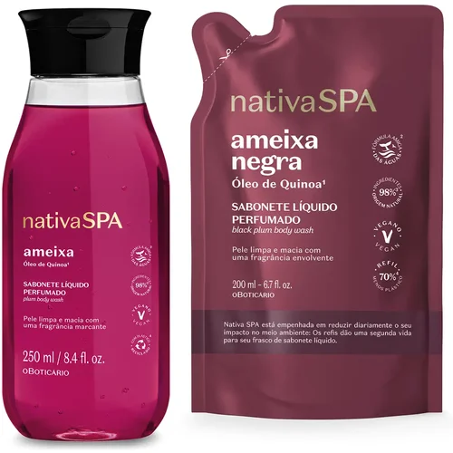 Combo Sabonete Líquido Perfumado Nativa Spa: Ameixa 250ml + Refil Ameixa Negra 200ml