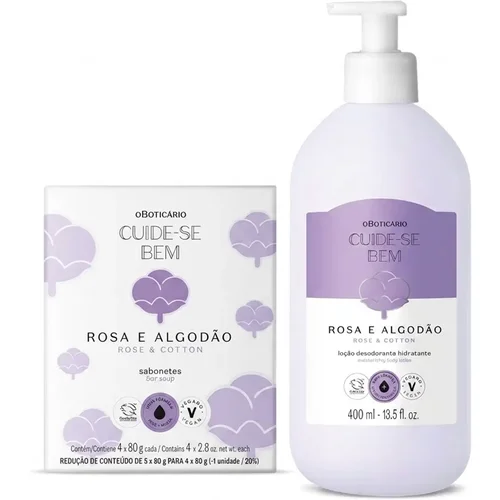 Combo Cuide-se Bem Rosa e Algodão: Sabonete em Barra 5x80g + Loção Corporal 400ml