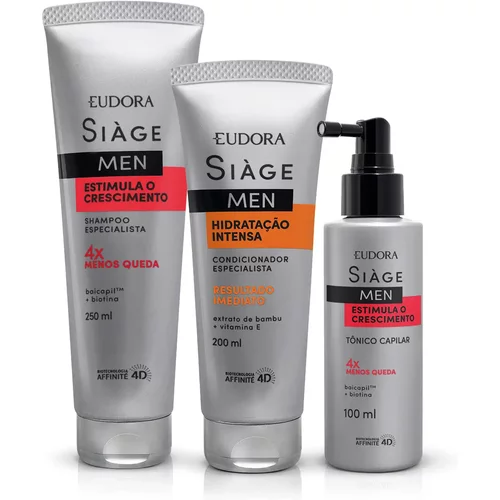 Combo Siàge Men: Shampoo Estimula o Crescimento 250ml + Condicionador Hidratação Intensa 200ml + Tônico Capilar Estimula o Crescimento 100ml