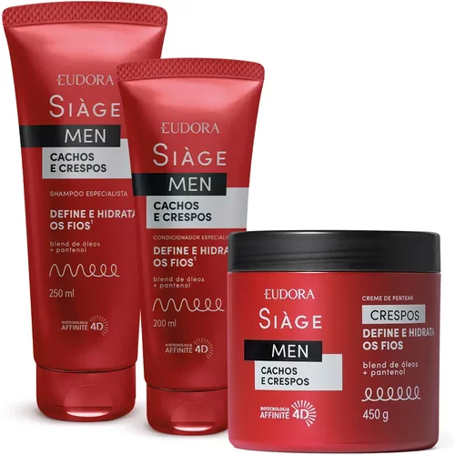 Combo Siàge Men: Condicionador Cachos e Crespos 200ml + Shampoo Cachos e Crespos 250ml + Creme para Pentear Crespos 450g