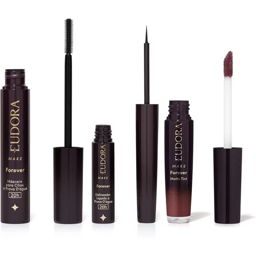 Combo Eudora Make: Máscara Cílios Forever 8g + Delineador Líquido Forever 3ml + Batom Líquido Matte Tint Rose Vintage 4ml