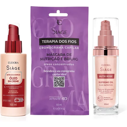 Combo Siàge Nutrição: Óleo Nutritivo 60ml + Óleo em Creme Acid. Complex 100ml + Máscara De Nutrição 60ml