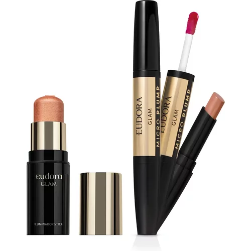 Combo Eudora Glam: Batom Micro Plump Avelã Magnífico 1,8g + Iluminador Stick Golden 5g