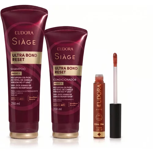 Combo Siàge Ultra Bond Reset + Eudora & Adam Mitch: Shampoo 250ml + Condicionador 200ml + Gloss Labial 5,2ml