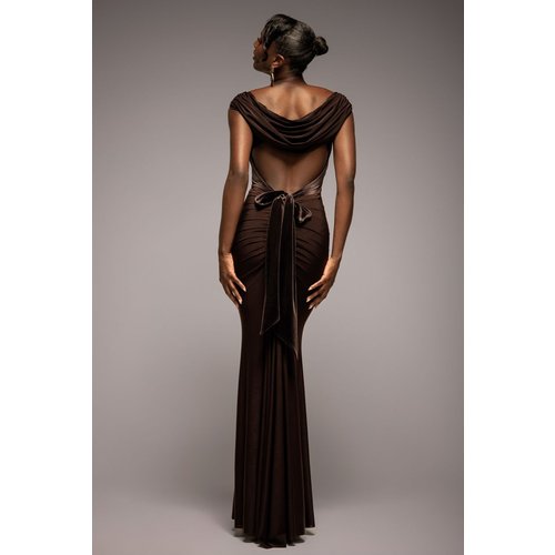 Goddiva Open Back Cowl Neck Gathered Maxi Dress With Velvet Tie Back - Brown