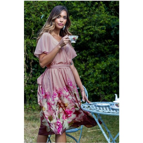 Goddiva Chiffon Floral Border Print Midi Dress - Blush