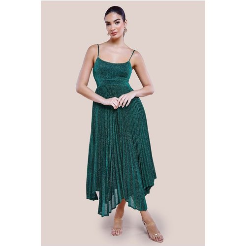 Goddiva Tie Back Pleated Lurex Skater Midi Dress - Emerald